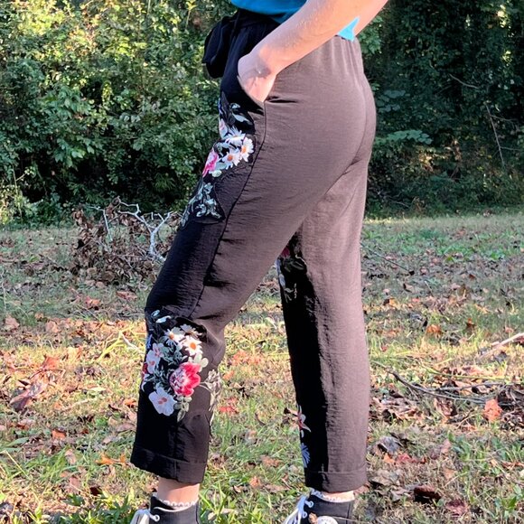 Upcycled Black Pants, Boho Floral Patchwork Pants with Raw Edge Details - Picture 3 of 9